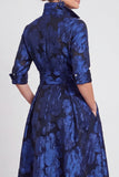 Abito Madre della Sposa A-Line Blu Navy Floreale Jacquard a maniche mezze con cintura