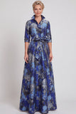Abito Madre della Sposa A-Line Blu Navy Floreale Jacquard a maniche mezze con cintura