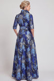 Abito Madre della Sposa A-Line Blu Navy Floreale Jacquard a maniche mezze con cintura