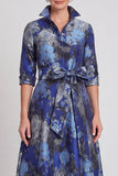 Abito Madre della Sposa A-Line Blu Navy Floreale Jacquard a maniche mezze con cintura