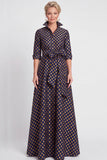 Abito Madre della Sposa A-Line Blu Navy Floreale Jacquard a maniche mezze con cintura