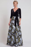 Abito Madre della Sposa Lungo Fiore Blu a A-Line Scollo a V con maniche a 3/4