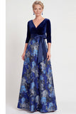 Abito Madre della Sposa Lungo Fiore Blu a A-Line Scollo a V con maniche a 3/4