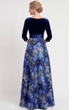 Abito Madre della Sposa Lungo Fiore Blu a A-Line Scollo a V con maniche a 3/4