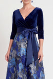 Abito Madre della Sposa Lungo Fiore Blu a A-Line Scollo a V con maniche a 3/4