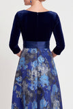 Abito Madre della Sposa Lungo Fiore Blu a A-Line Scollo a V con maniche a 3/4