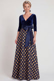 Abito Madre della Sposa Lungo Fiore Blu a A-Line Scollo a V con maniche a 3/4