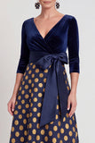Abito Madre della Sposa Lungo Fiore Blu a A-Line Scollo a V con maniche a 3/4