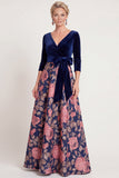 Abito Madre della Sposa Lungo Fiore Blu a A-Line Scollo a V con maniche a 3/4
