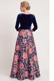 Abito Madre della Sposa Lungo Fiore Blu a A-Line Scollo a V con maniche a 3/4
