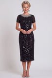 Abito Bodycon Midi Color Mother of the Bride con Spiga Nero Scintillante a Colletto Rotondo
