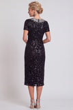 Abito Bodycon Midi Color Mother of the Bride con Spiga Nero Scintillante a Colletto Rotondo