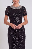 Abito Bodycon Midi Color Mother of the Bride con Spiga Nero Scintillante a Colletto Rotondo