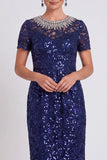 Abito Bodycon Midi Color Mother of the Bride con Spiga Nero Scintillante a Colletto Rotondo