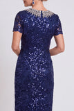 Abito Bodycon Midi Color Mother of the Bride con Spiga Nero Scintillante a Colletto Rotondo