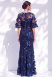Abito lungo floreale a sposa con spose a maniche mezze con storie a schermo navy