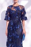 Abito lungo floreale a sposa con spose a maniche mezze con storie a schermo navy