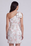 Vestito bianco piccolo bodycon floreale a una spalla con fiocco