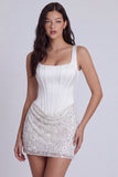Corsetto Bodycon Paillettes Vestito Bianco Piccolo Bianco con Pizzo Lungo la Schiena