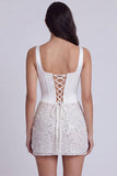 Corsetto Bodycon Paillettes Vestito Bianco Piccolo Bianco con Pizzo Lungo la Schiena