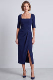 Vestito da lavoro midi con scollo quadrato blu navy a maniche mezze e spacco