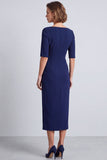 Vestito da lavoro midi con scollo quadrato blu navy a maniche mezze e spacco