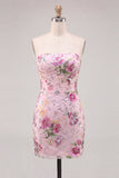 Abito di cocktail rosa bodycon senza spalline floreali con paillettes