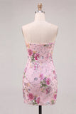 Abito di cocktail rosa bodycon senza spalline floreali con paillettes