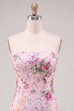 Abito di cocktail rosa bodycon senza spalline floreali con paillettes