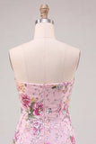 Abito di cocktail rosa bodycon senza spalline floreali con paillettes