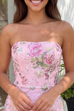 Abito di cocktail rosa bodycon senza spalline floreali con paillettes