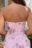 Abito di cocktail rosa bodycon senza spalline floreali con paillettes