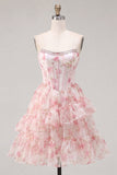 Corsetto rosa A-Line Corset vestito di ritorno a scuole floreale con volant e pizzo sulla schiena