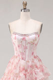 Corsetto rosa A-Line Corset vestito di ritorno a scuole floreale con volant e pizzo sulla schiena