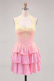 Corsetto a trazione giallo e rosa con collo a nentre e rosa Abito di fine per il cerimonia in chiffon