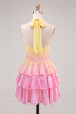 Corsetto a trazione giallo e rosa con collo a nentre e rosa Abito di fine per il cerimonia in chiffon