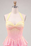 Corsetto a trazione giallo e rosa con collo a nentre e rosa Abito di fine per il cerimonia in chiffon