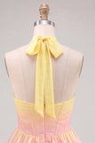 Corsetto a trazione giallo e rosa con collo a nentre e rosa Abito di fine per il cerimonia in chiffon
