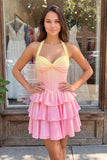 Corsetto a trazione giallo e rosa con collo a nentre e rosa Abito di fine per il cerimonia in chiffon