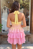 Corsetto a trazione giallo e rosa con collo a nentre e rosa Abito di fine per il cerimonia in chiffon