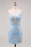 Corsetto Cielo Azzurro Floreale Applicato Abito di cocktail aderente con fessura