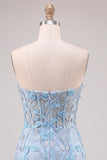 Corsetto Cielo Azzurro Floreale Applicato Abito di cocktail aderente con fessura