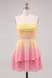 Abito di fine augura giallo e rosa in chiffon a livelli in chiffon