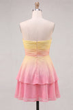Abito di fine augura giallo e rosa in chiffon a livelli in chiffon