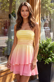 Abito di fine augura giallo e rosa in chiffon a livelli in chiffon