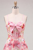 Corsetto floreale rosa A-line con spalline spaghetti con lacci e fiocco
