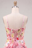 Corsetto floreale rosa A-line con spalline spaghetti con lacci e fiocco