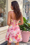 Corsetto floreale rosa A-line con spalline spaghetti con lacci e fiocco