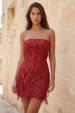 Abito corto di cocktail corto in Borgogna Bodycon Spalline con Frangie e Paillette