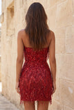 Abito corto di cocktail corto in Borgogna Bodycon Spalline con Frangie e Paillette